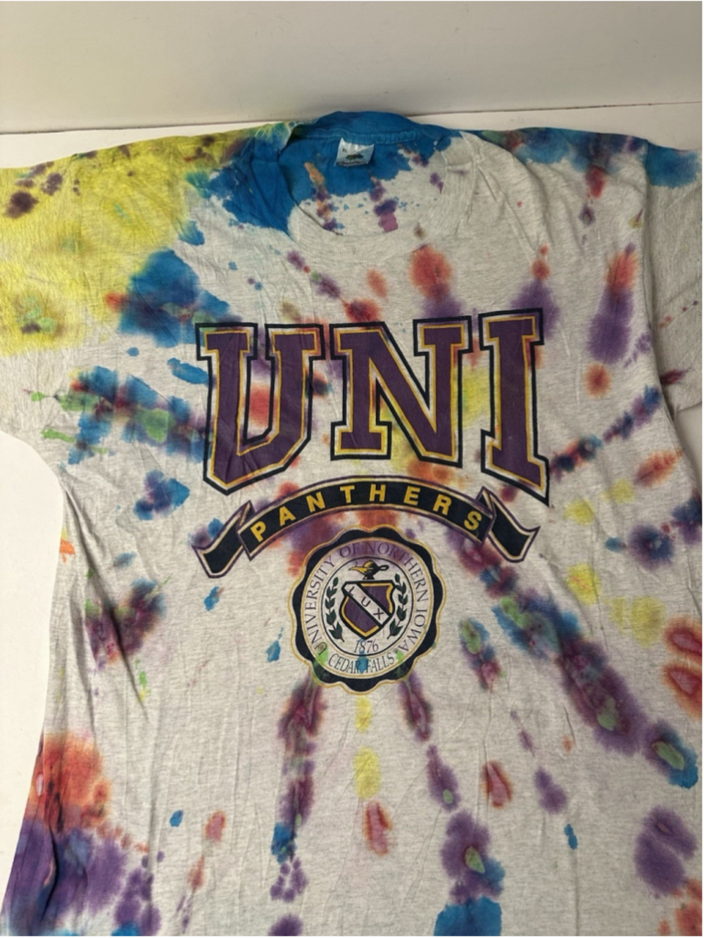 Vintage 90s UNI Panthers Tie Dye T Shirt XL Fruit of the Loom USA Northern Iowa